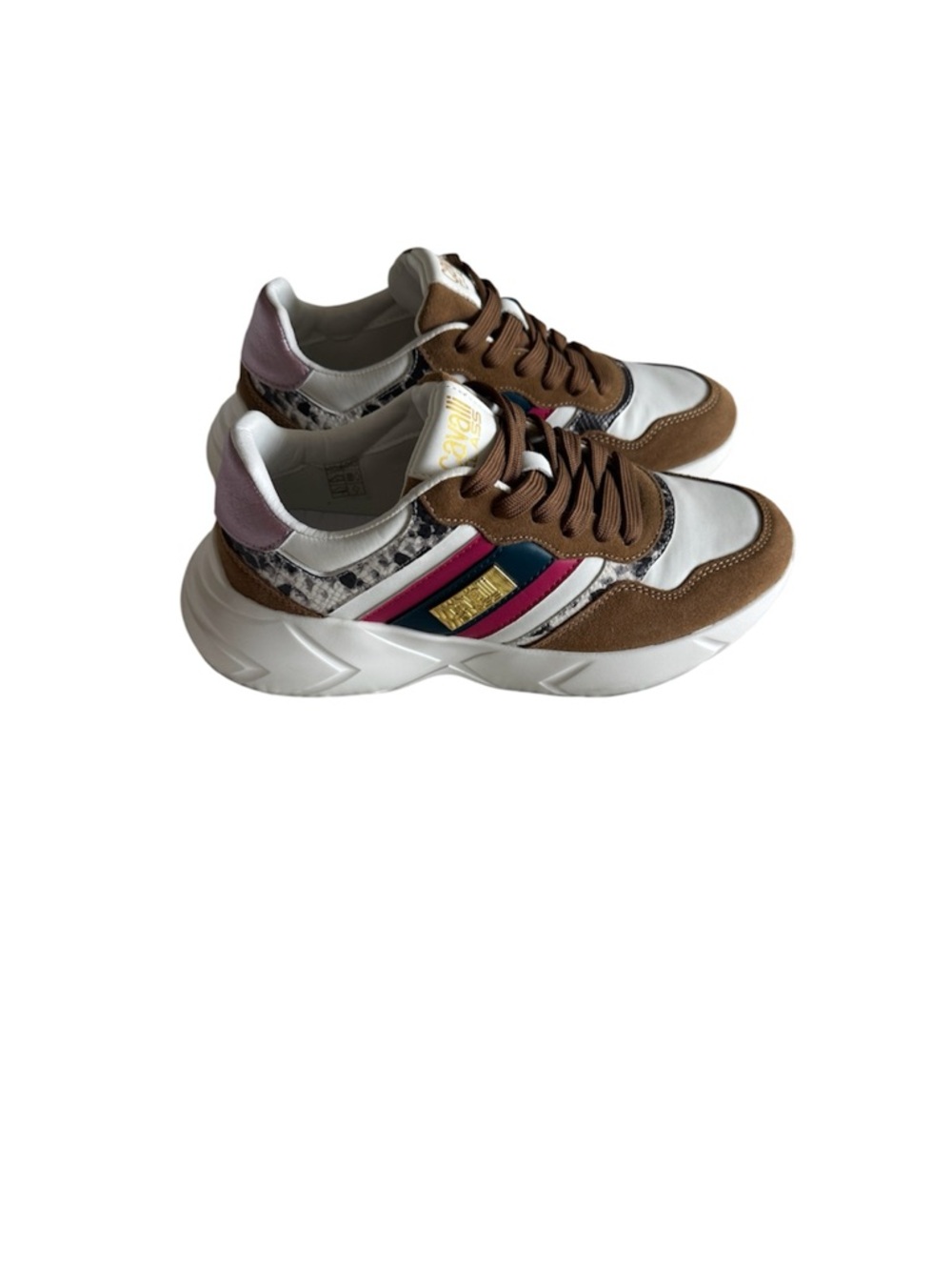 Cavalli Class White & Brown Leather Label Detail Sneakers Brand New